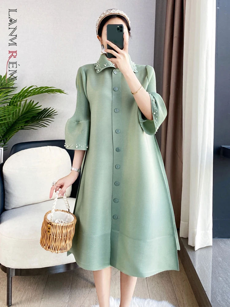 LANMREM Flare Sleeves Pleated Dress Women Single Breasted Turn Down Collar Female Fashion Dress 2024 Spring Summer New 2R1293