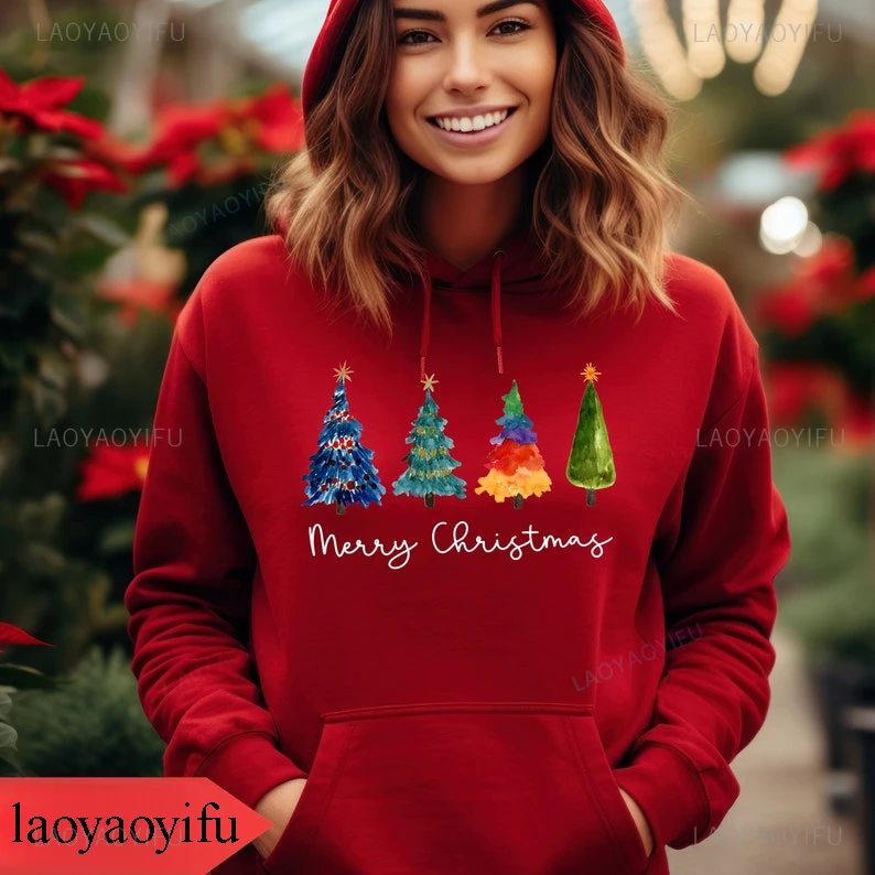 

Merry Christmas Woman Red Hoodie Christmas Tree Star Graphic Outerwear Autumn and Winter Warm Long Sleeve Creative Outdoor Hoody