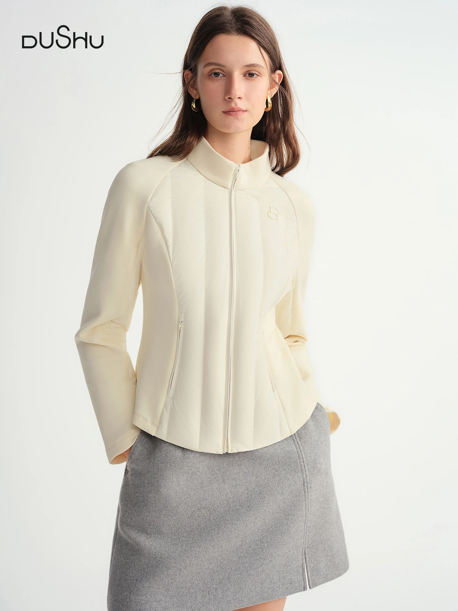 

DUSHU женская куртка больших размеров на пуховой подкладке в стиле пэчворк, облегающая короткая куртка с воротником-стойкой, Новое поступление 2025, зимняя теплая верхняя одежда, пальто