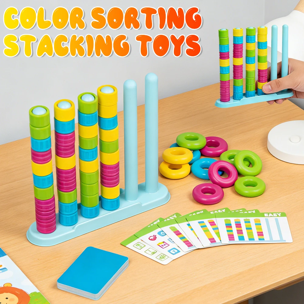 Color Sorting Stacking Toys with Pattern Cards Rainbow Building Blocks Stacking Game 2-4 Players for Travel-Friendly Family Part