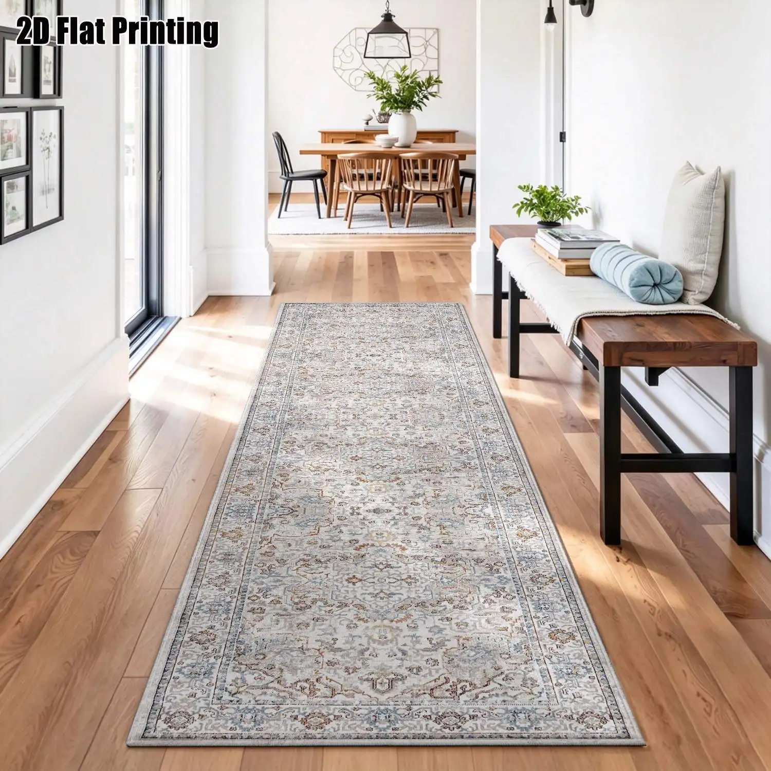 1Pc 2D Printed Striped Runner Rug: Blue-Grey Retro Floral Pattern, European/Bohemian/Geometric Style, Machine Washable, Multi-Size, Home Decor for Corridor, Entrance, Living Room, Bedroom