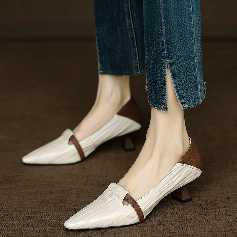 

Women's shoes 2026 summer pointed color blocked one foot sole single shoe women's shallow mouth retro cat heel high heels