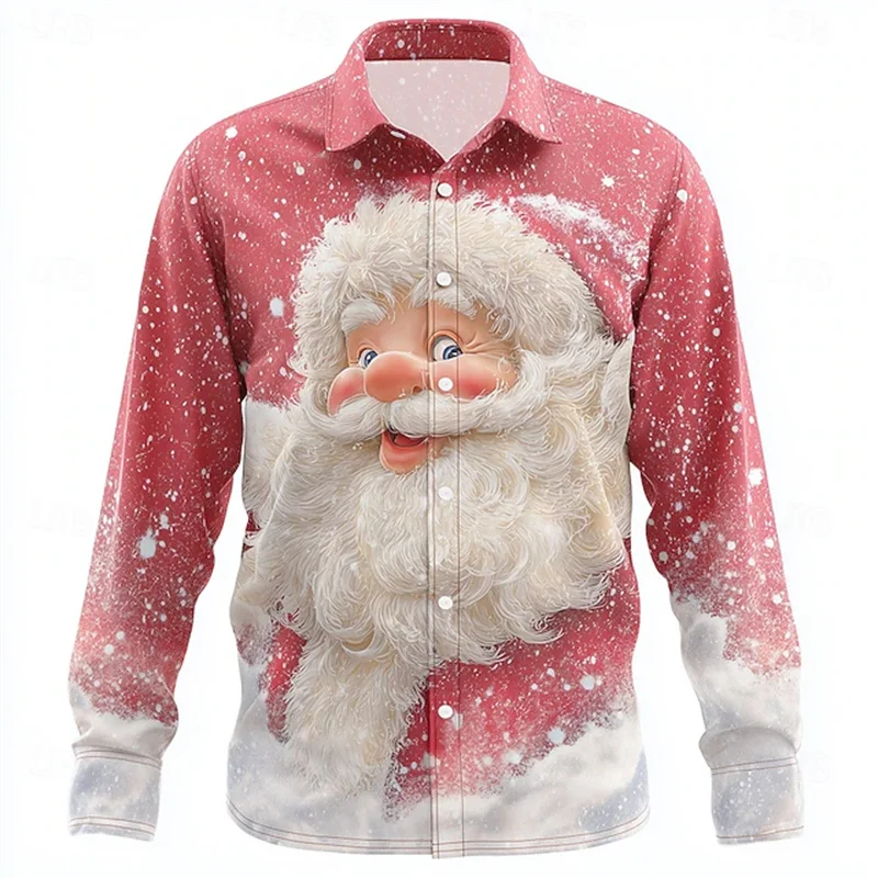

Men's 3D cartoon Santa Claus pattern long-sleeved button shirt, fun 3D printed collar shirt, suitable for autumn holiday wear.