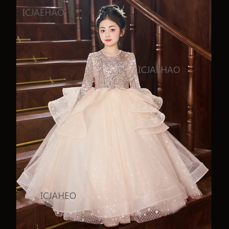 Long Dress Children Girls Long Sleeve  Kids Flower Girl Wedding Piano Pageant Outfit Costume Princess Birthday Dresses Clothes
