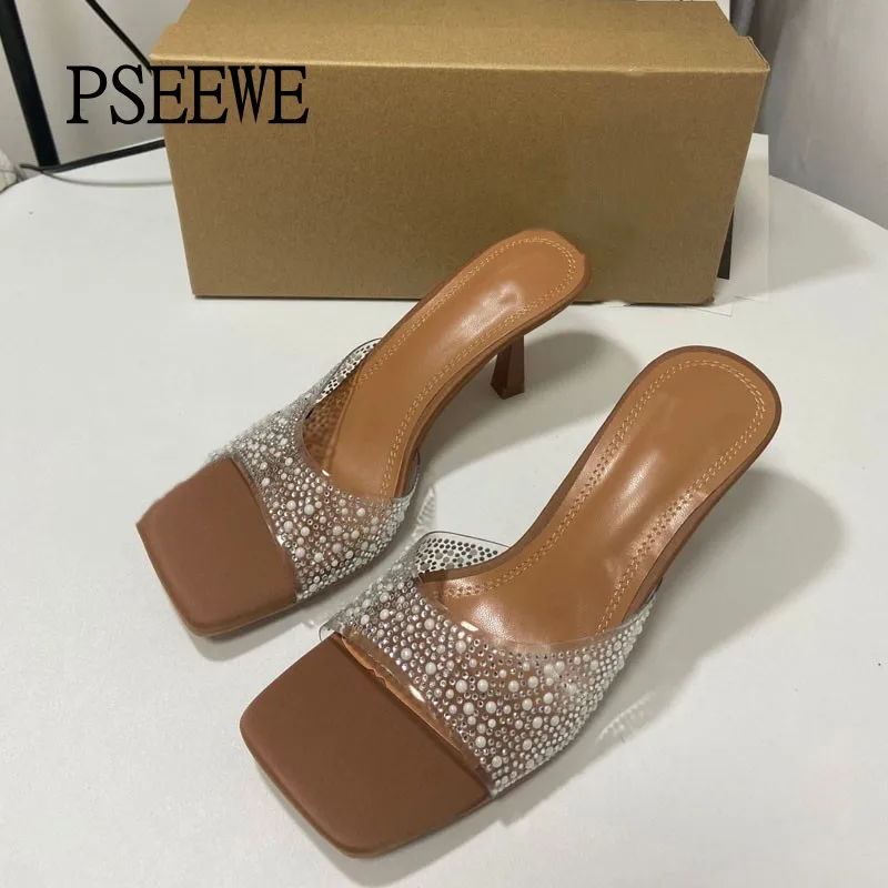 

PSEEWE Women's Sandals Summer 2024 New Square Head Pearl Casual Open Toe High Heels Sandals for Women High Heels Slippers Female