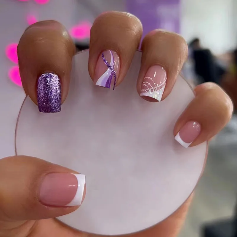 24 Uds uñas postizas cuadradas largas cubierta completa francesa Simple prensa en uñas uñas postizas usables con diseño de polvo brillante puntas de uñas