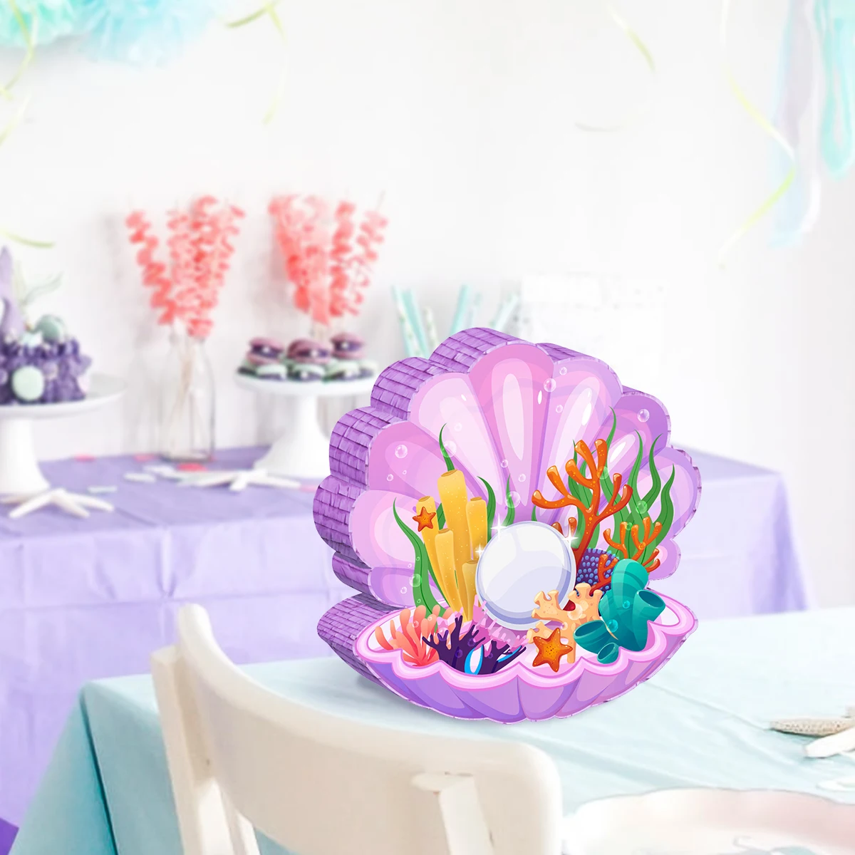 1Set Ocean Shell Theme Pinata Bundle with Blindfold Stick for Kids Girl Birthday Baby Shower Party Decoration