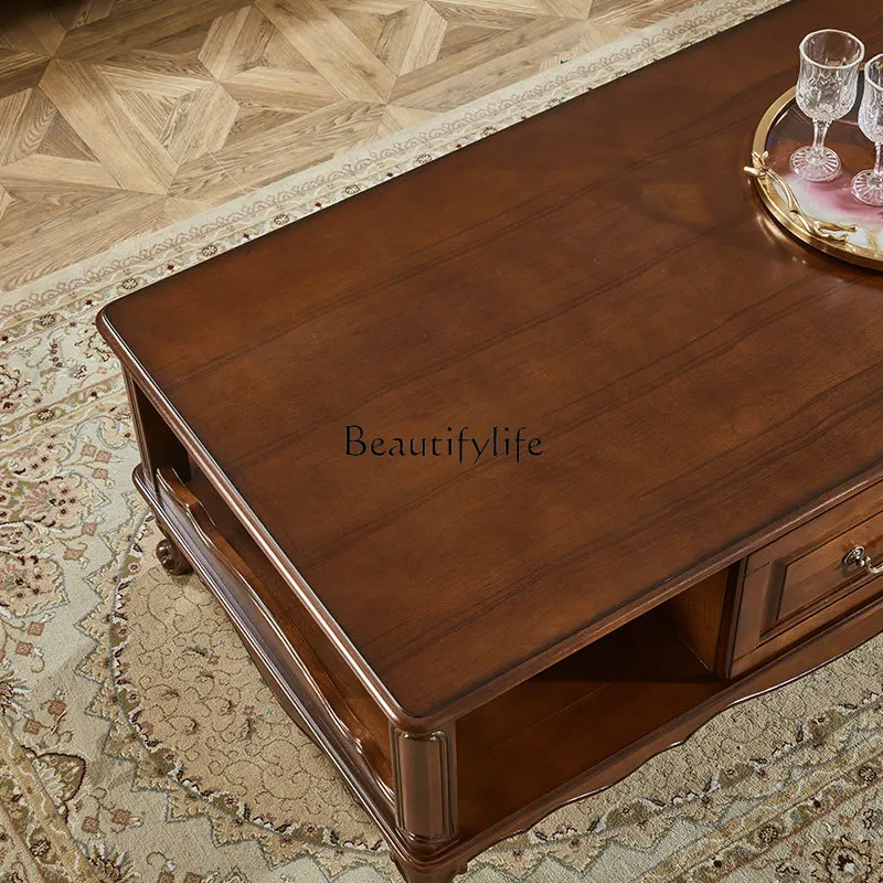 American solid wood coffee table rectangular living room with drawers storage household tea table