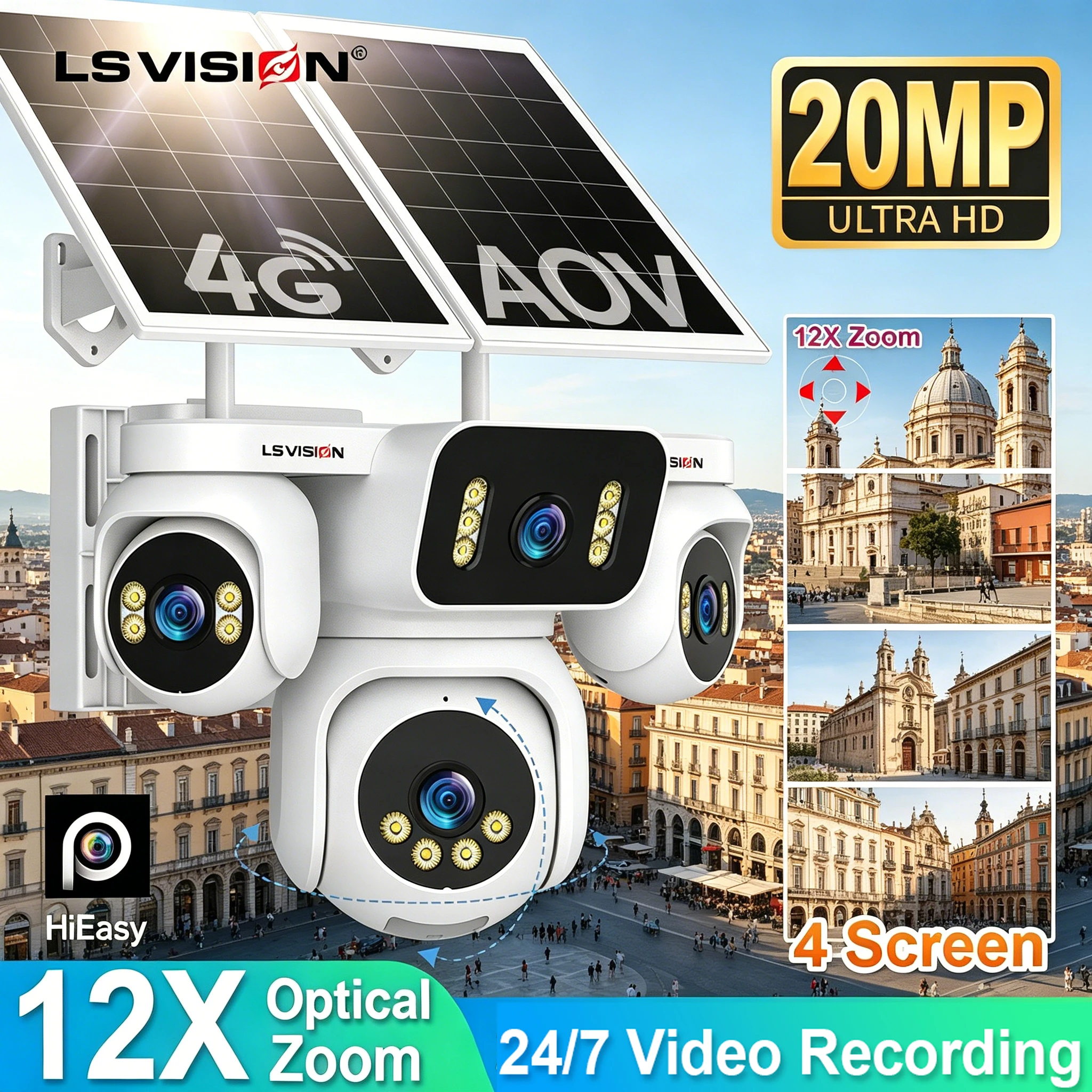 Caméras de surveillance solaires LS VISION 4 écrans, enregistrement 24/7, 4G SIM, extérieur, zoom optique 12X, suivi automatique, panneau 20W, IP66, PTZ, batterie intégrée / Cloud SIM, AOV, surveillance externe
