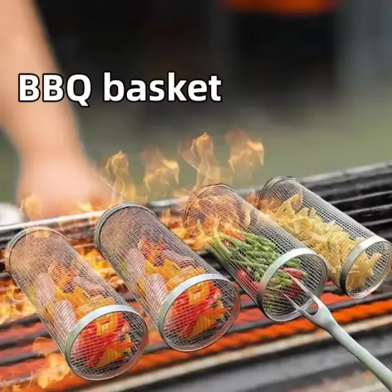 

BBQ Mesh Tube Rolling Barbecue Basket, Round Stainless Steel BBQ Mesh, Outdoor Barbecue Grill, Portable Outdoor Camping Grill