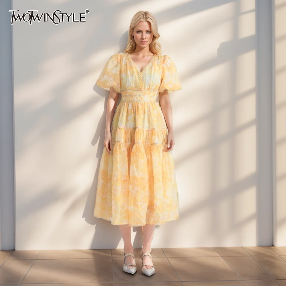 

TWOTWINSTYLE Patchwork Folds Printing Dresses For Women V Neck Short Sleeve High Waist Elegant ColorblockDress Female Fashion