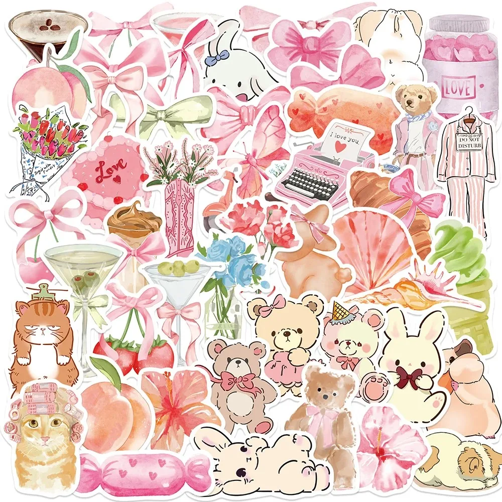 10/30/50PCS Cute Bear Bow Pink Stickers Ins Style Cartoon Decals Decoration DIYNotebook Phone Stationery Fridge Bike Kawaii Kids