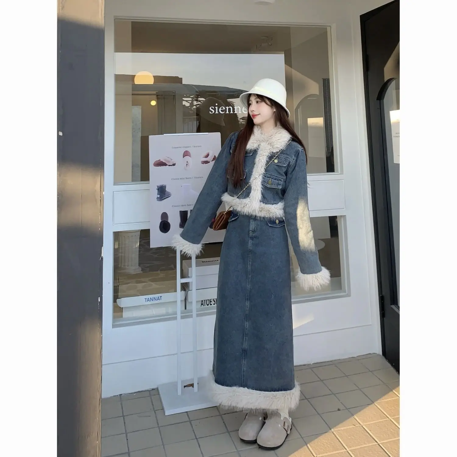 

Ropa Para Mujer Women's Denim Jacket and Maxi Skirt Set with Faux Fur Trim