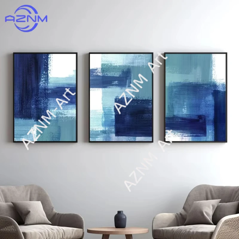 1/3PCS ，Teal and Navy Blue Brush Strokes Abstract Artwork Posters Print Canvas Painting Modern Wall Art Picture for Living Room
