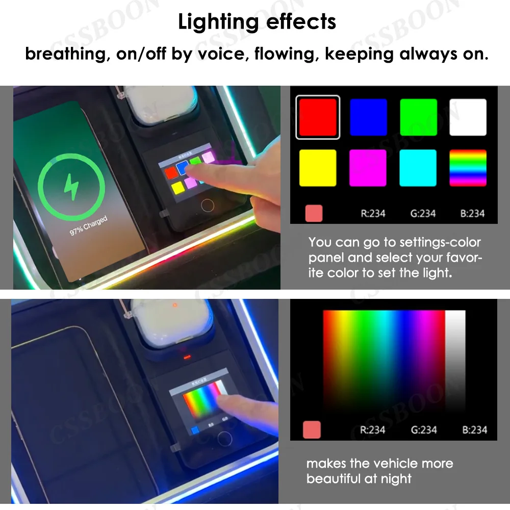 CSSBOON 2024 parti di modifica dell'auto Console centrale caricatore Wireless a luce ambientale per accessori Tesla modello 3 Y
