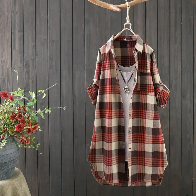 Medium Long Plaid Shirt Women Cotton Linen Clothes Female Shirts Coat Vintage Casual Blouse Loose Plus Size Tops Women\'s Clothes