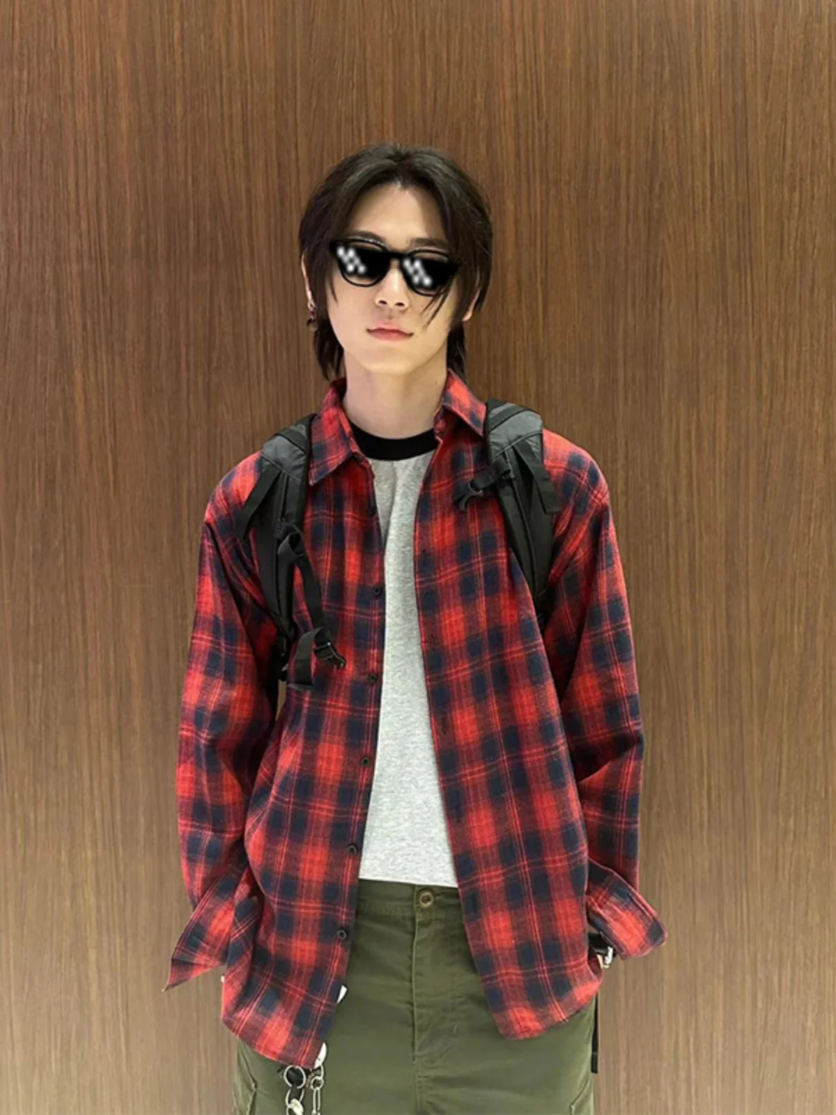 

Red Plaid Long Sve Men's irt American Retro Sle Summer Sun Protection Outerwear Coat Trendy Loose Fit Youthful