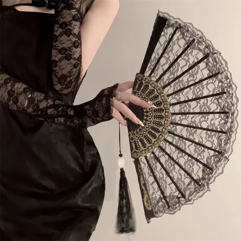 Lace Decorative Fans Folding Hand Fan Black White Dancing Fans Wedding Party Stage Performance Fan Gifts for Guest