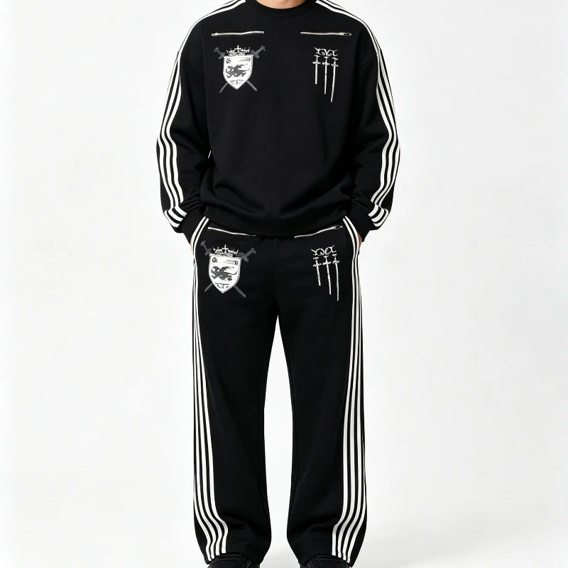 Gothic Darkwear Men Flared Sweat Pants Side Three Stripes Sword Heraldry Graphic Zip Back Pocket Loose Sport Trousers