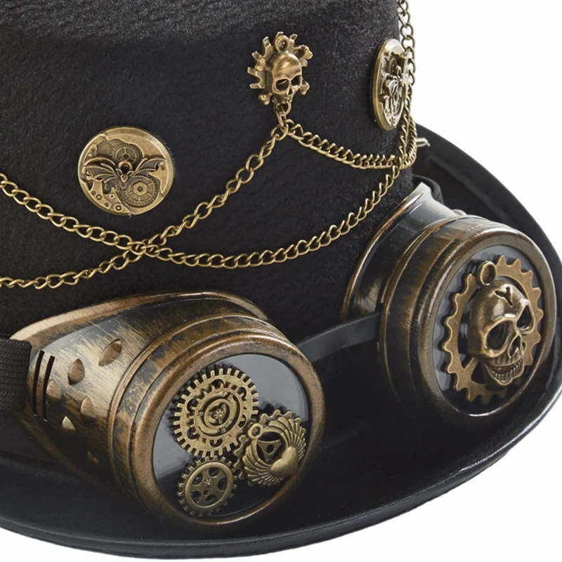 Steampunk Fedora Kapelusz Vintage Retro Zęby Łańcuchy Impreza Cylinder z Goglami Cosplay Halloween Dekoracje Akcesoria do Włosów