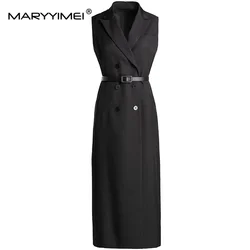 MARYYIMEI Fashion Design Summer Women's Notched Neck Sleeveless Double-Breasted Lace-Up  Celebrity Temperament Black Coat