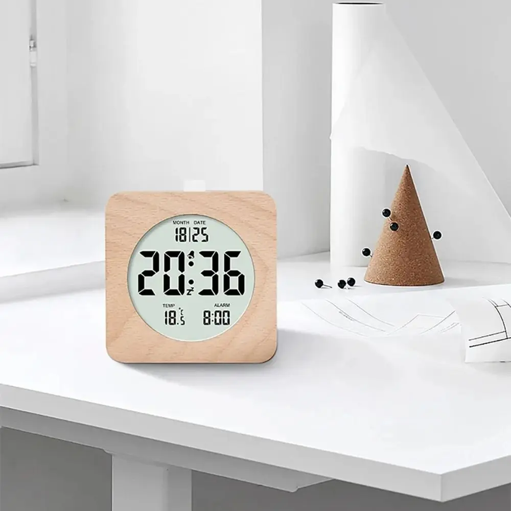 

Круглые/квадратные деревянные бесшумные настольные часы в скандинавском стиле с ЖК-дисплеем, функцией повтора будильника, на батарейках, маленькие настольные часы