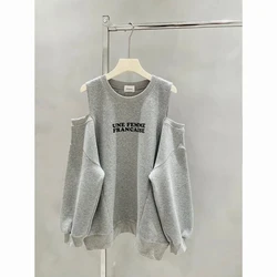 Spring Autumn New Off Shoulder Loose Hoodies Letter Print Plus Size Hollow Out Casual T Shirt Tops Fashion Korean Women Clothing