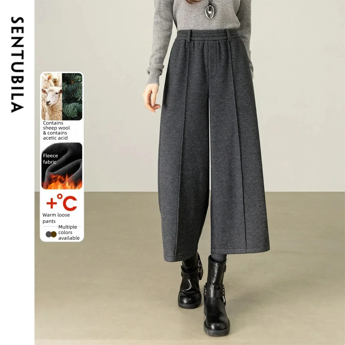 

SENTUBILA Women's Pants 2025 Fleece Lined Calf Length Wide Leg Pant Multi-Color Wool Blend Women's Winter Trousers 154KD5706