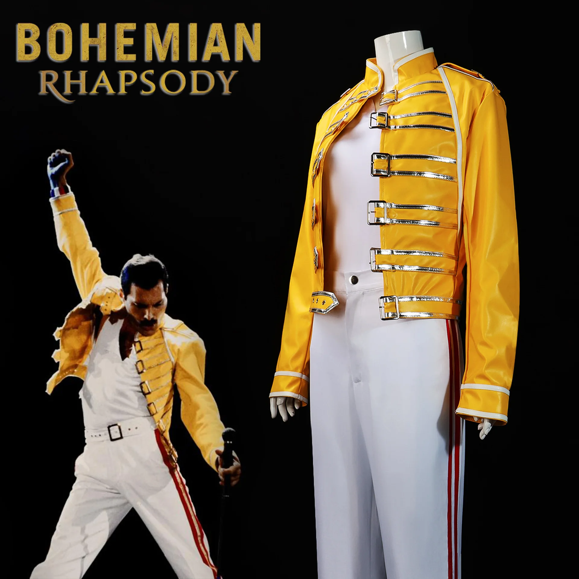 Queen Lead Vocals Freddie Mercury Cosplay Costume DJ Singer Ballroom Dance Stage Yellow Jacket Coat Shirt Pants Outfit Full Set