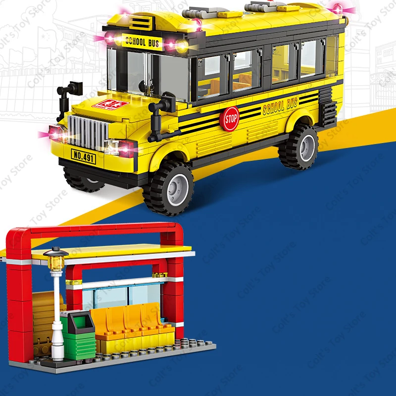 2025 City Yellow Passenger Bus Building Blocks School Bus Station Action Figures Traffic Bricks Model Kids Toys DIY Gift Sets