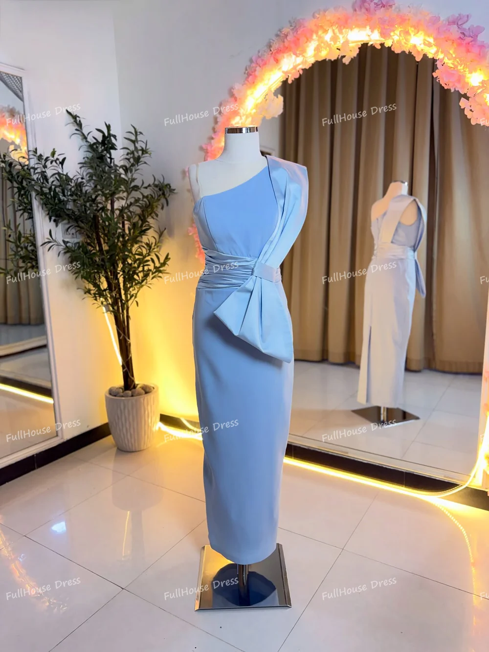 Personalizado maça nupcial um ombro cetim plissado bainha sexy sem costas vestido de noite arco chá comprimento vestido de festa de aniversário