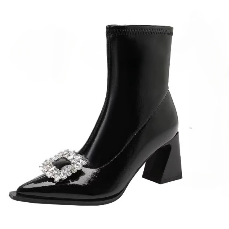 Winter Pointed Toe Fashion Side Zipper Thick Heel Women's Boots New Diamond Square Buckle Elegant Non-slip High Heels image 6