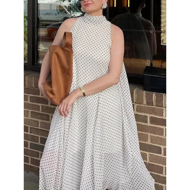 Women's Sexy Backless Vintage Polka Dot Dress with Bow Tie Halter Neck Sleeveless Chic Casual Summer Vacation Dress