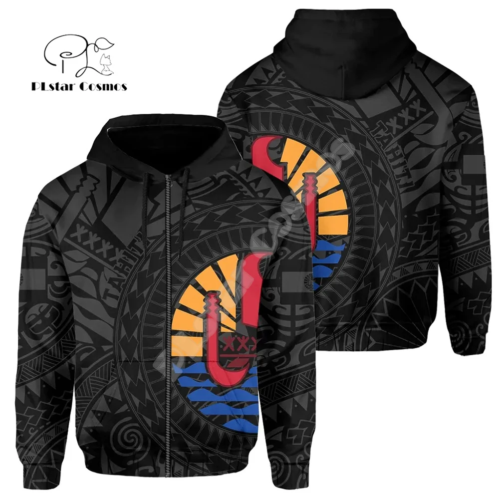 Custom Name French Polynesia Tahiti Country Flag Tribal Hibiscus Tattoo Retro 3DPrint Pullover Harajuku Casual Hoodies Jacket 15