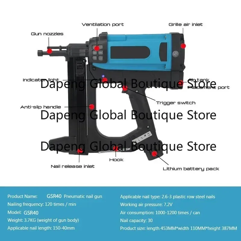 Pneumatic Nail gu 7. 2V Lithium Battery ga Nail gu Steel Air Stapler GSR40 Pneumatic Tools For Frame And Trunking 110-220V