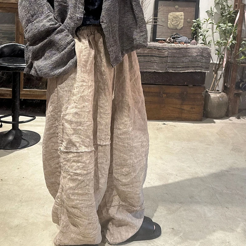 New Spring/summer Women Casual Loose High Waist Full Length Pants Elastic Waist Good Quality Cotton Linen Wide Leg Pants Y195