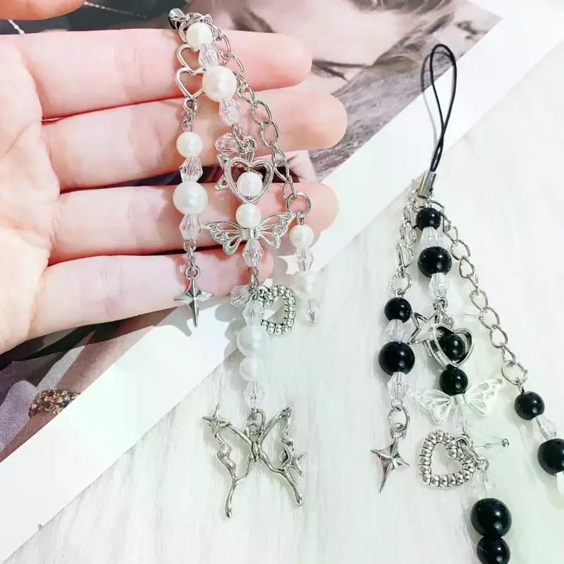 Charm Strap Keyring for Phone Y2K Style Heart Butterfly Pendant Beaded Jewelry Lanyard String
