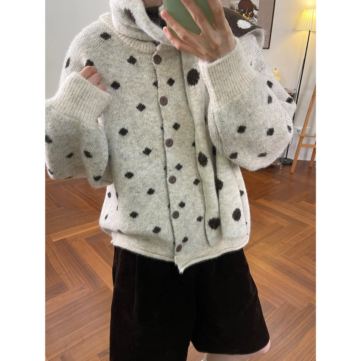 الكورية نمط البولكا نقطة متماسكة سترة وشاح المألوف تنوعا عادية لينة المرأة الخريف الشتاء جديد فضفاض سترة سترة #6