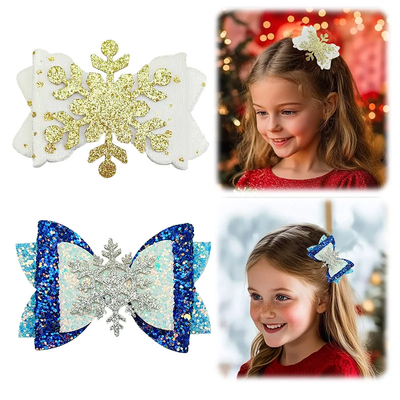 إكسسوارات شعر ندفة الثلج للأطفال لعيد الميلاد، تزيين العطلات للفتيات، أميرة، مشابك شعر بقوس لامع، حقيبة كاملة رائعة