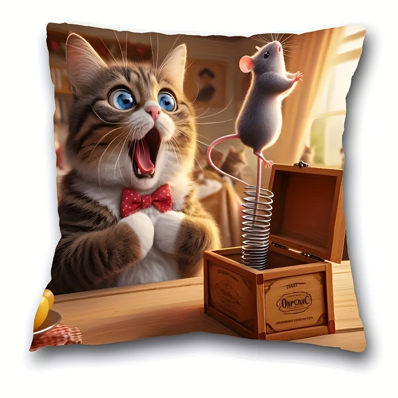 Funny 2D Cat Mouse Prank Pillow Cover Cute Kitten Jack-in-the-Box Print Cushion Case for Sofa Couch Humorous Pet Home Decor