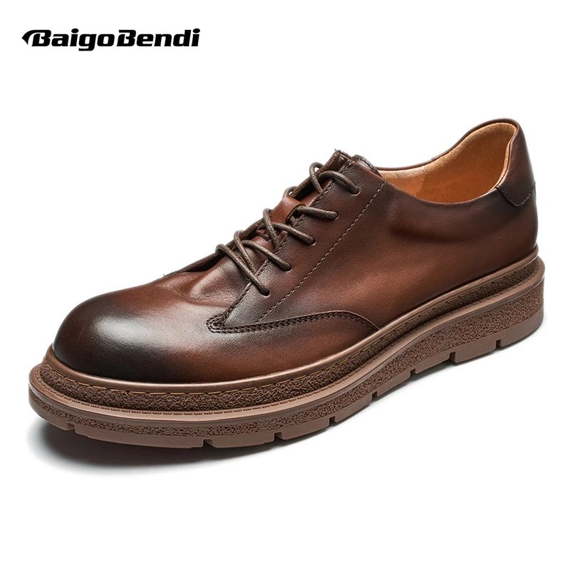 Really Soft Men's Business Casual Shoes Lace Up Genuine Leather Thick Sole Trend Versatile Youth Cowhide Oxfords Males