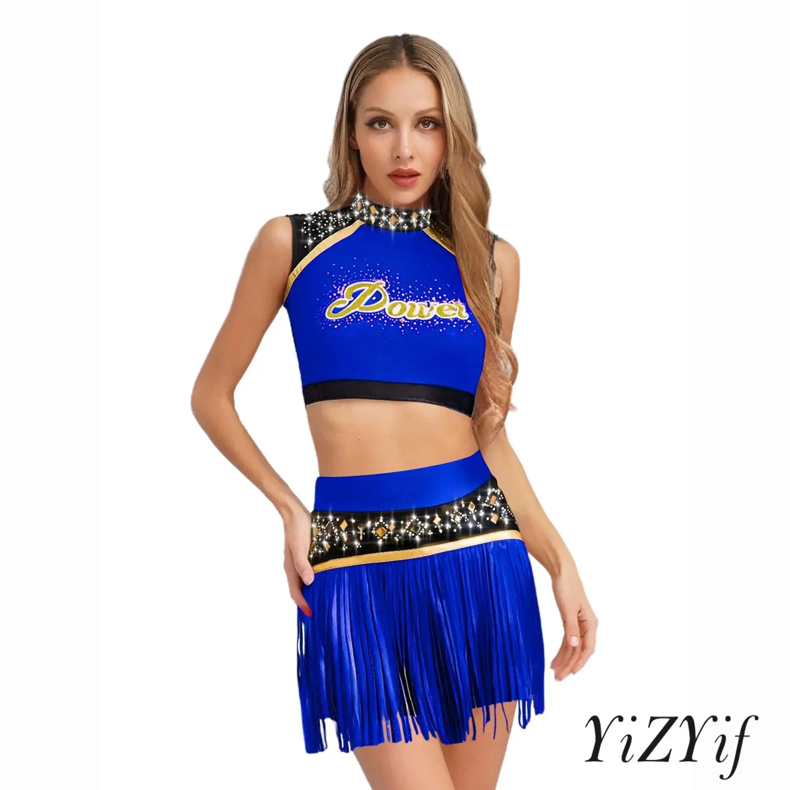 

‌Color Block Cheerleader Uniform Set for Women Tank Top with Tassels Shorts Geometric Print Dance Costume for School Stage Shows