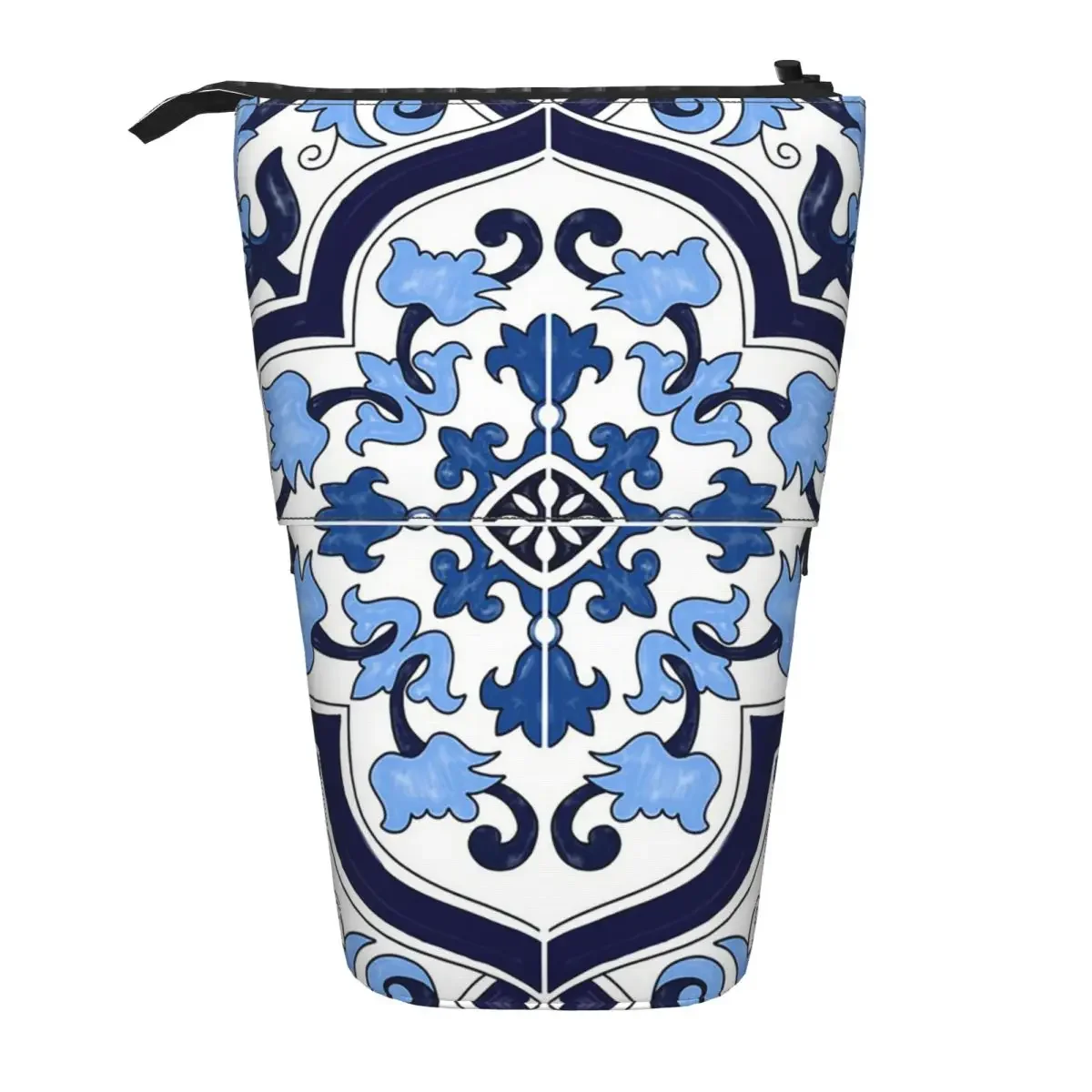 Blue Ornate Floral Mediterranean Sicilian Tile Reversible Pencil Case Pencil Pouch Storage Pencil Bag for Studen School