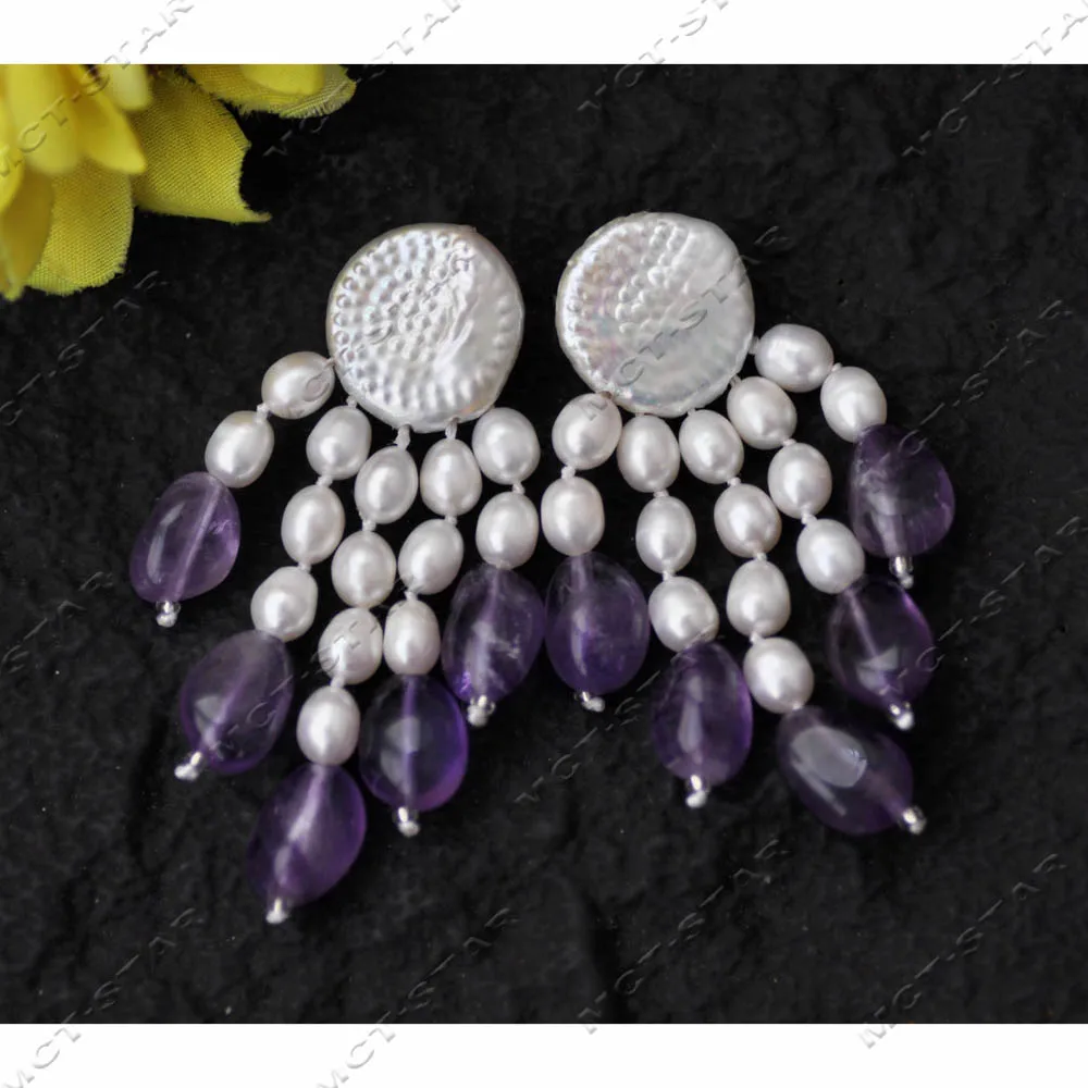 

Z14274 20mm White Coin Rice Pearl Drop Amethyst Tassel Dangle Earring 925silver