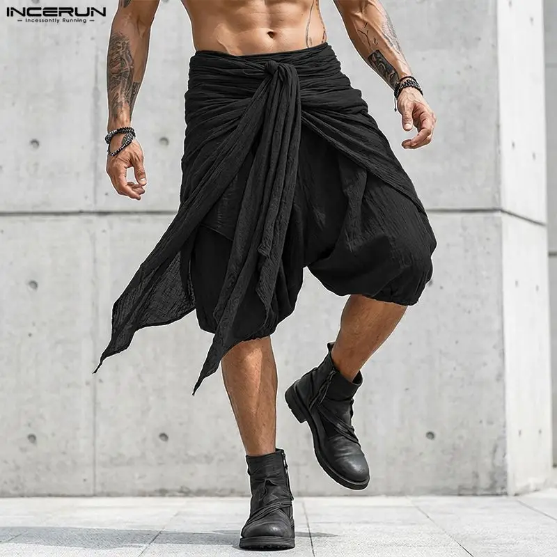 INCERUN Men's Shorts Solid Color Elastic Waist Lace Up Pleated Men Bottoms Summer Loose Streetwear 2026 Casual Shorts For Man