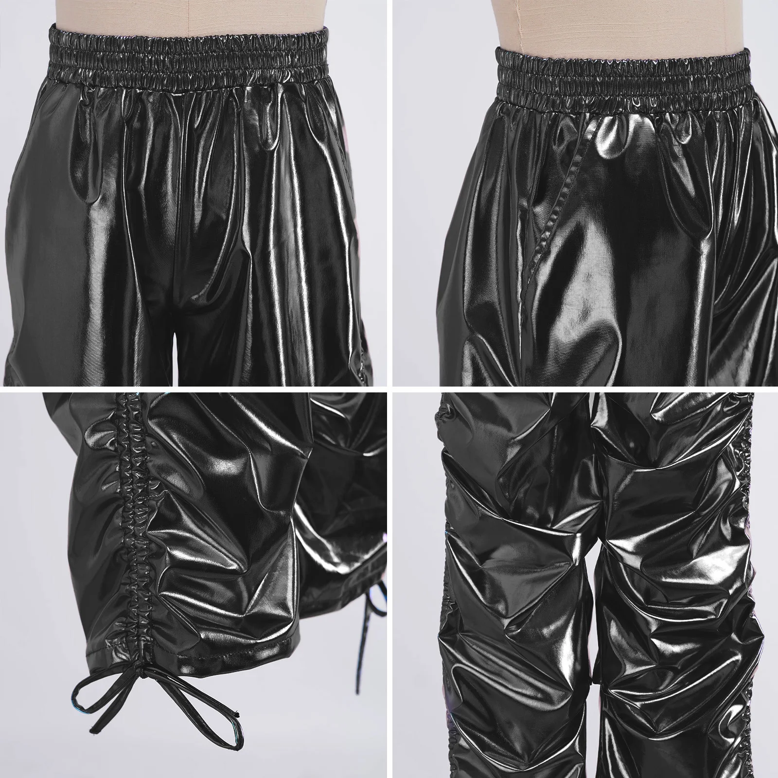 

Детские брюки в стиле хип-хоп для мальчиков и девочек, модная уличная одежда, детский металлический костюм для джазовых танцев и дискотек, прямые брюки с эластичной резинкой на талии и рюшами