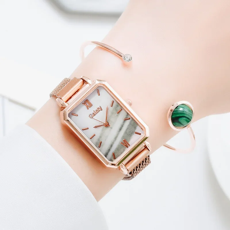 2pcs Set Women Watches Bracelet Set Square Ladies Quartz Watch Bracelet Simple Rose Gold Mesh Luxury Women Wristwatches Reloj