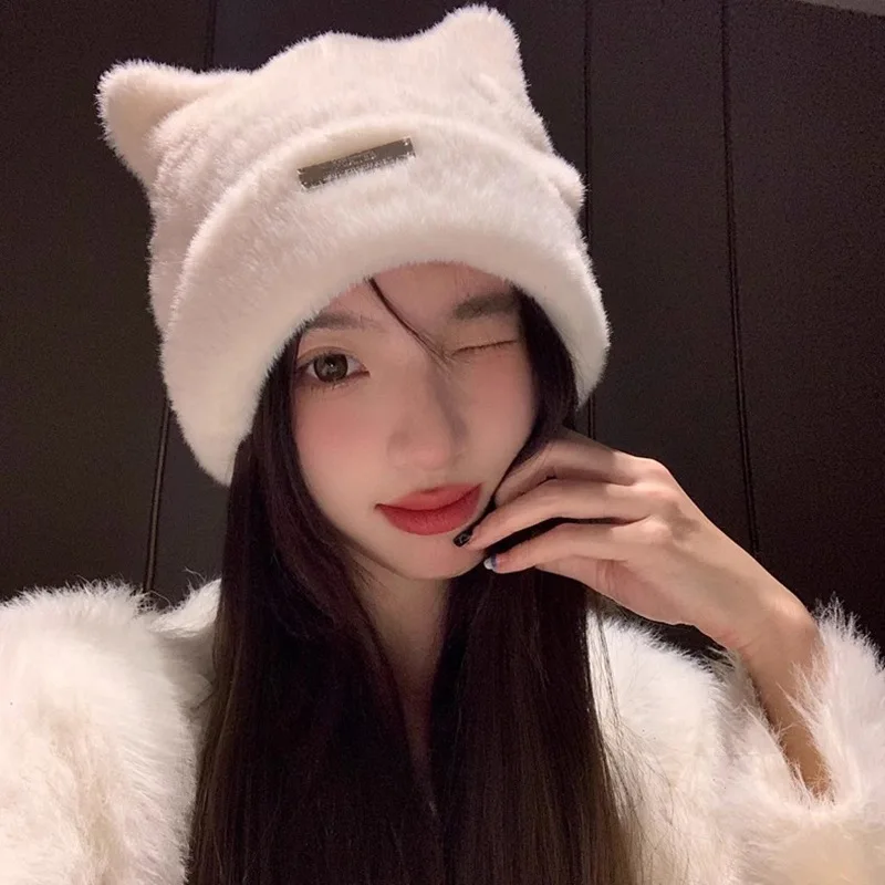 INS Cute Cat Ears Knitted Bonnets Hats for Women Imitation Mink Hair Hat Trend Women Winter Letter Standard Japanese Beanies Cap