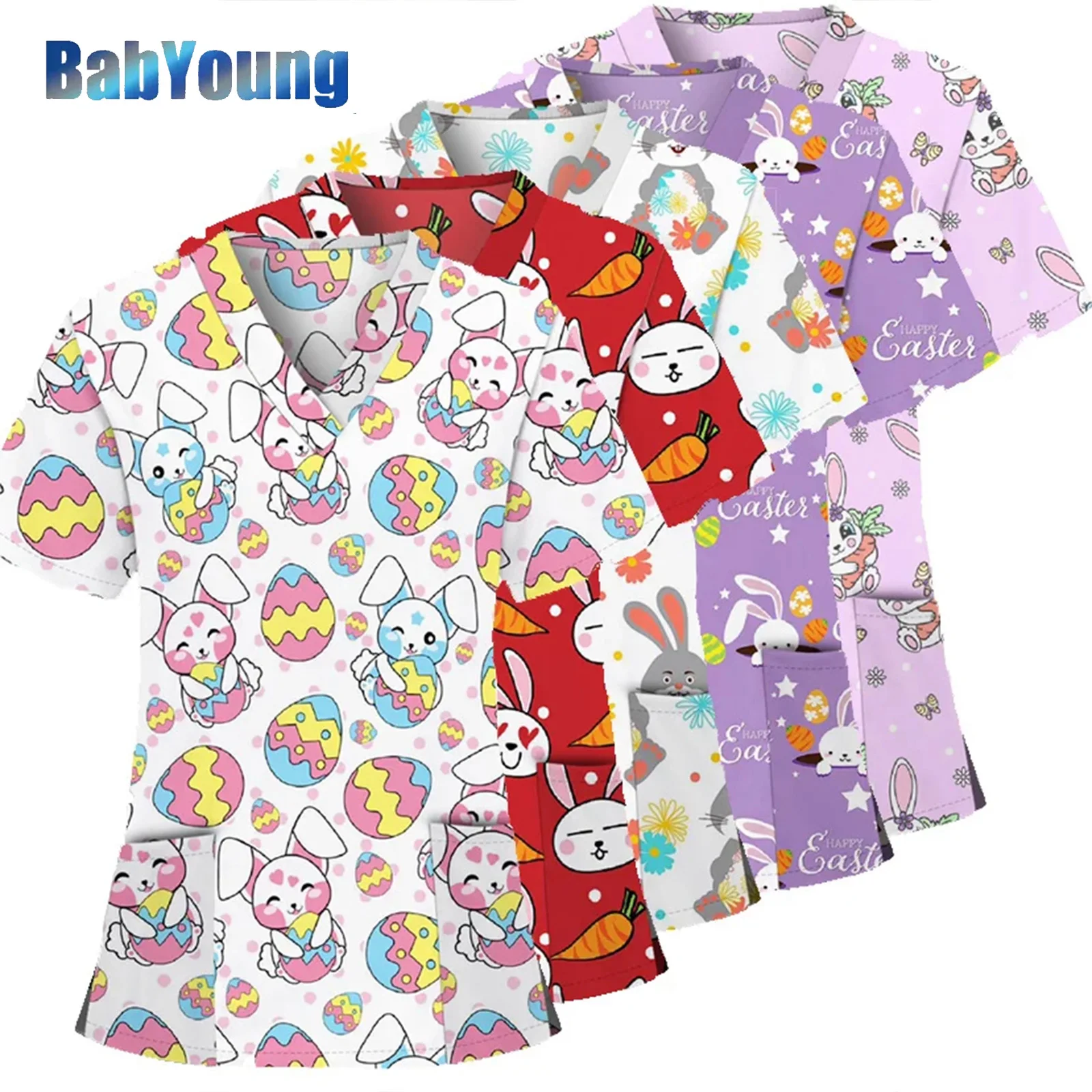 

Unisex Print V-neck Scrubs Tops Nurse Scrubs Uniform Rabits Print Pet Grooming Institutions Uniform Beauty Salon Work Clothes