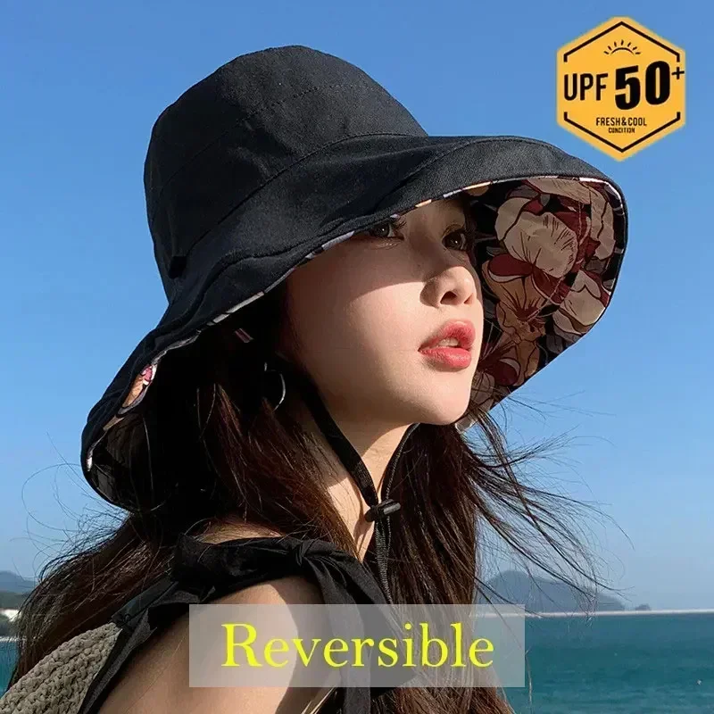 2024 Summer Reversible Sun Beach Hat Woman Girl Spring Outdoor Travel Vacation Fisherman Cap Fashion 12.5cm Wide Brim Visor Hat